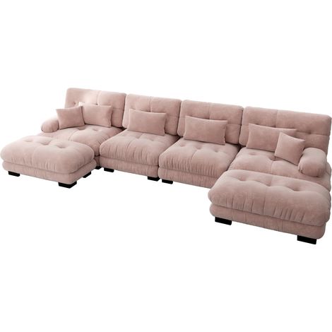 ELVMI Canapé D'Angle Modulaire 4 Places avec Ottomans Mobiles et Coussins d'Appui, en Chenille, Rose (1/5)