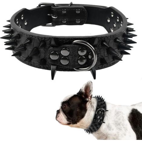 Hundehalsband, Nietenhalsband, Lederhalsband mit Nieten, Hundehalsband mit Sicherheitsverschluss, Halsband für Französische Bulldoggen, Halsband für große Hunde, verstellbar (Schwarz) (1/5)