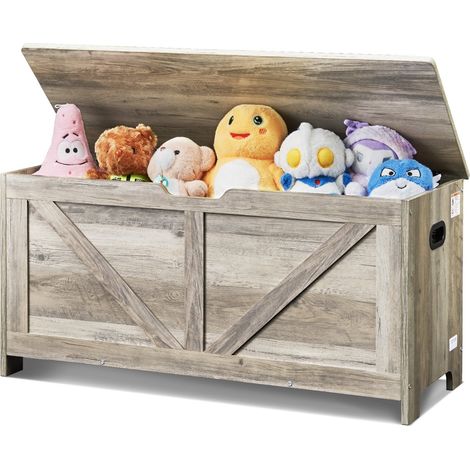 Coffre à Jouets en Bois 99x39,5x48 cm, Boîte de Rangement pour Enfants avec Couvercle Rabattable et Charnière de Sécurité, Grand Meuble de Rangement, pour Salle de Jeux Salon Entrée, Gris (1/5)
