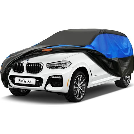 Bâche Voiture Exterieur Respirante et Étanche pour Tous Temps, Housse Voiture Protection Anti-UV Contre, la Poussière, la Pluie, Universelle pour SUV Jeep 4X4 (460-485 CM) YL Noir et Bleu,2-Pour SUV 4 (1/5)