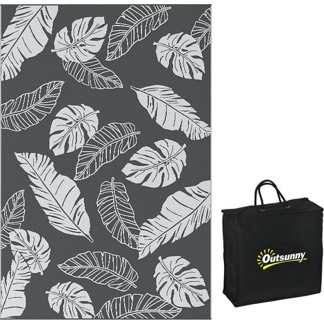 Tapis d'extérieur tapis en plastique résistant aux intempéries 182 x 274 cm design double face pour balcon terrasse gris blanc