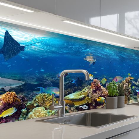 REVETEMENT MURAL DE CUISINE, CRÉDENCE DE CUISINE Paysage sous-marin - Poisson - Tortue - Bleu 200x60 (1/5)