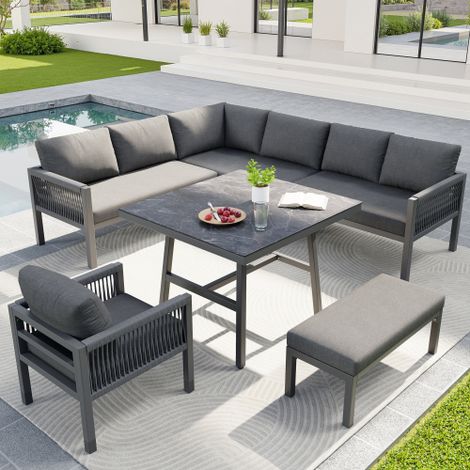Salon de jardin angle L tressé main 8 places, table verre aspect marbre + 2 fauteuils, structure fer robuste + coussins gris déperlants (1/5)