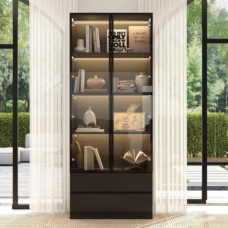 Glasvitrine,Vitrine, Vitrinenschrank,2 Türen 2 Schubladen, 80 36 200cm, MDF, Schwarz (1/5)