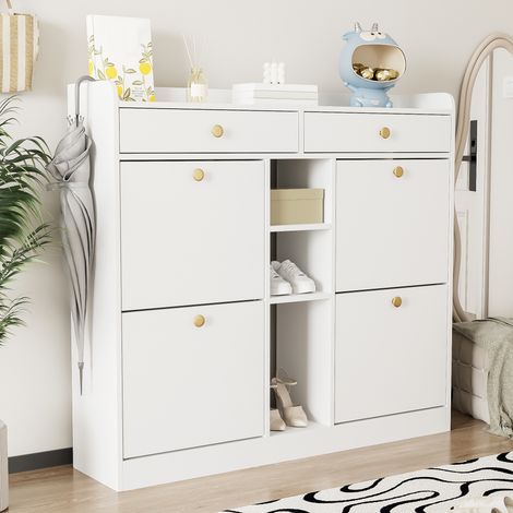 Elegante zapatero blanco con 4 puertas batientes, 2 cajones y 3 compartimentos abiertos perfecto para recibidores y recibidores modernos. Dimensiones: 110 x 26 x 100 cm.