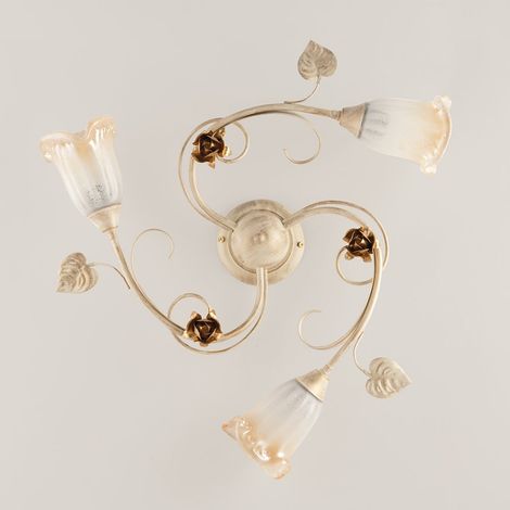 Plafoniera Classica Arte Povera 3 Luci Ferro Battuto Avorio E Oro Serie Cestino