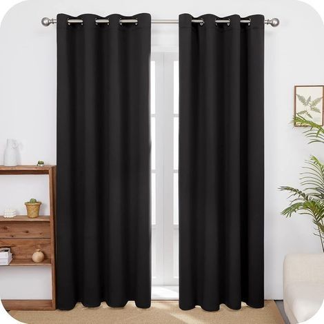 Paire de Rideau Occultant Tenir Chaud Anti Froid Thermique Isolants a Oeillets Rideaux Chambre Salon 2 Pièces 140x240cm Noir (1/3)
