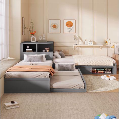 Cama nido 90x200 cm gris en pino y MDF con almacenamiento de puertas correderas y luz nocturna LED (1/5)