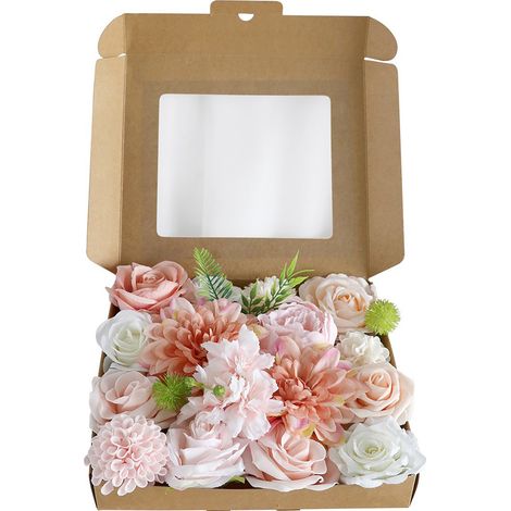 Composition florale en boîte de roses champagne roses et blanches - Fleurs artificielles en boîte pour mariages, cadeaux de fêtes, décoration intérieure DIY, faux bouquets, fêtes d'anniversaire de mar (1/3)