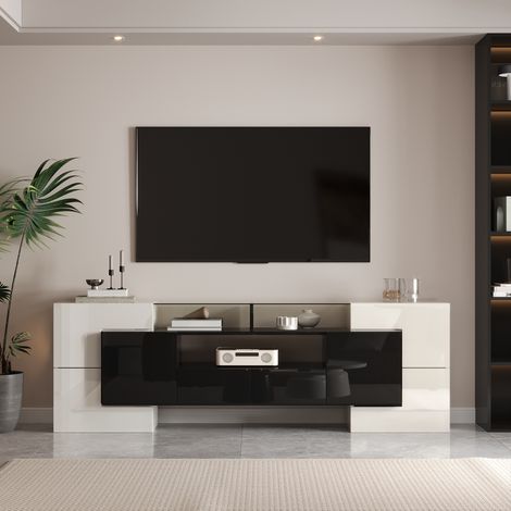 Meuble TV 200cm, support TV LED connecté App pour écran 50-59 pouces particules avec 6 portes et 2 tiroirs, blanc et noir