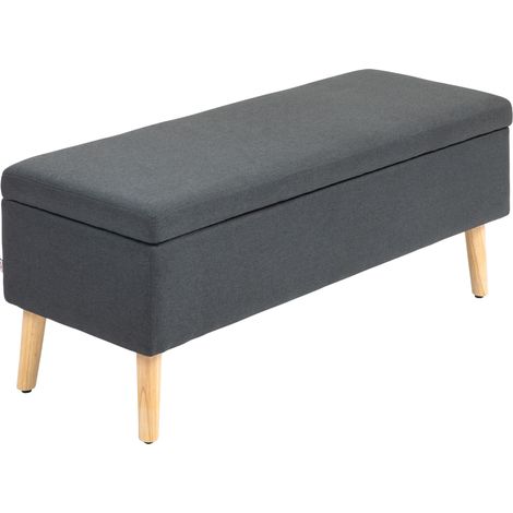Banc coffre effet lin, pieds bois caoutchouc, bout de lit, 110x39x45cm, gris foncé