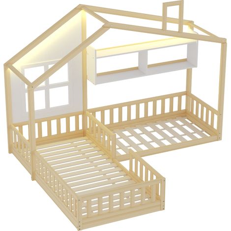 Lit enfant maison 90x200 cm avec LED, étagères et barrières de sécurité, bois naturel HOMVRA (1/5)