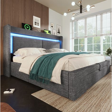 CHICFURN Cama tapizada 160x200 cm gris lino con almacenaje, LED y USB-C, sin colchón (1/5)
