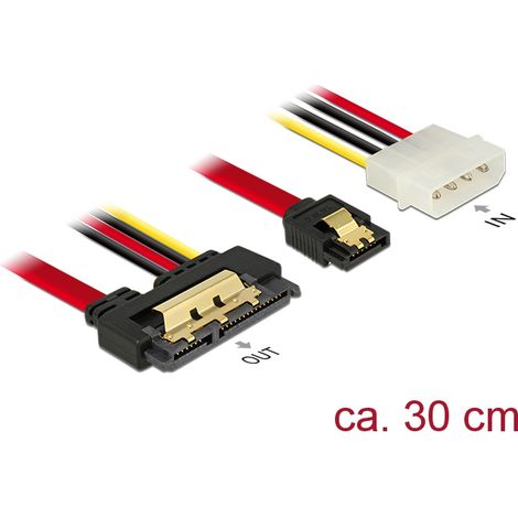Delock Cable SATA de 6 Gb/s hembra de 7 contactos + Enchufe de alimentación de 4 contactos Molex SATA recto hembra, metálico de 22 contactos y 30 c