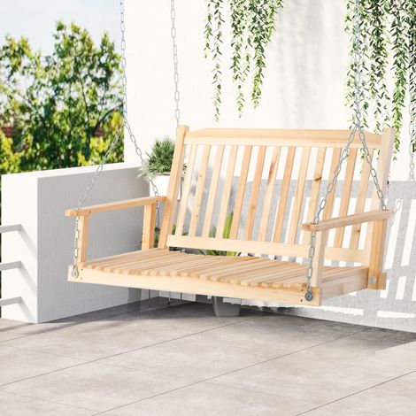 Balançoire de jardin pour 2 personnes, banc suspendu, bois massif, patio, terrasse, jardin, naturel, 117 x 69 x 60 cm