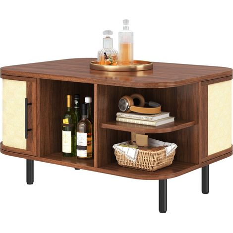 Table basse au design courbé, façade tressée, rangement ouvert et caissons latéraux, MDF et pieds métal, coloris bois foncé, pour salon moderne  CHICFURN (1/5)