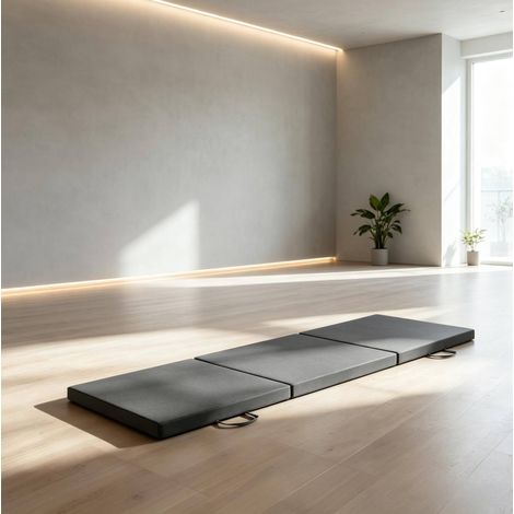 Tapis de gym pliable 180x60x5 cm en mousse gris, pour yoga et pilates, gain de place – MEUBLIV (1/5)