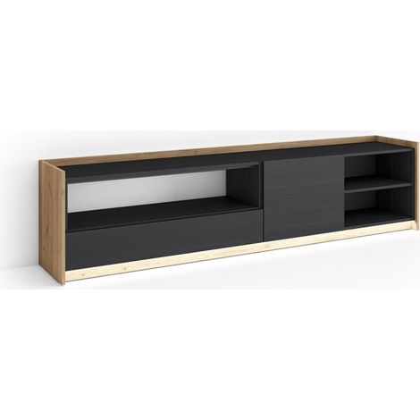 Skraut Home - Mueble TV, Televisión, Muebles de salón, almacenaje, 207x37x50cm, Para TV hasta 80", LED, Estilo Moderno, Negro y roble (1/5)