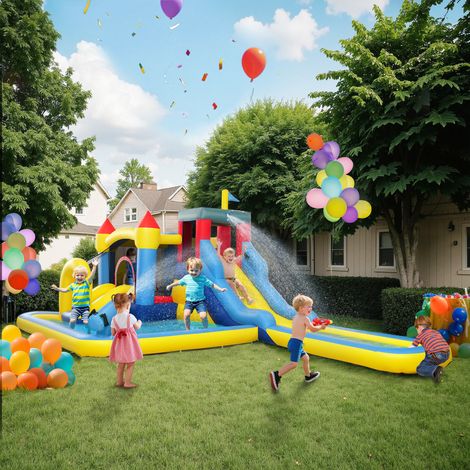 Château gonflable avec soufflerie aquatique parc toboggans. trampoline. mur d'escalade. canon. panier de basket