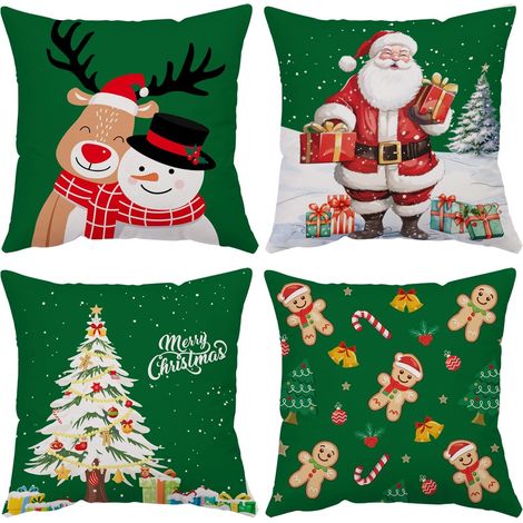 Juego de 4 fundas de cojín navideñas de 45x45 cm, fundas de almohada navideñas con el mensaje "Feliz Navidad", fundas de cojín decorativas de terciopelo, rojas y verdes. (1/5)