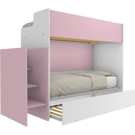 Letto a castello minimalista con terzo letto estraibile - bianco e cipria