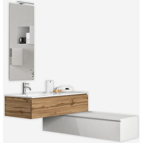 Composizione bagno moderna con lavabo e specchio set 7 pezzi Astra - Legno Naturale