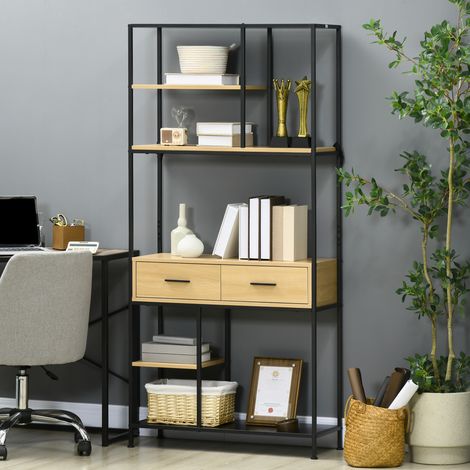 Estantería Estilo Industrial de 5 Niveles Mueble Estantes Almacenaje con 2 Cajones y Marco de Metal 80x30x170,5 cm Roble (1/5)
