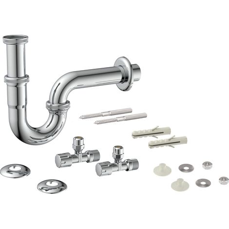 Waschtisch-Röhrensiphon-Set, Chrom, 1 1/4" x 32 mm, mit Befestigung, mit 2x Eckventil (1/4)