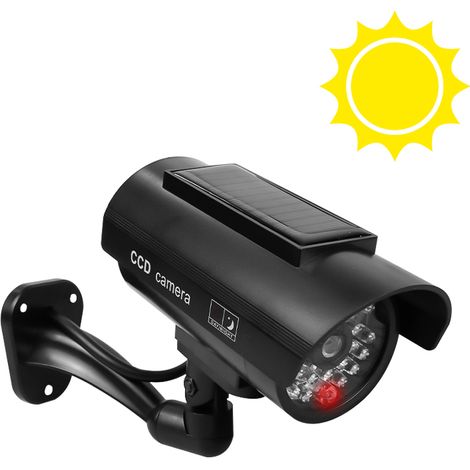 Caméra de sécurité factice (noire, à énergie solaire), avec lumière LED rouge clignotante et stroboscope, étanche. (1/5)