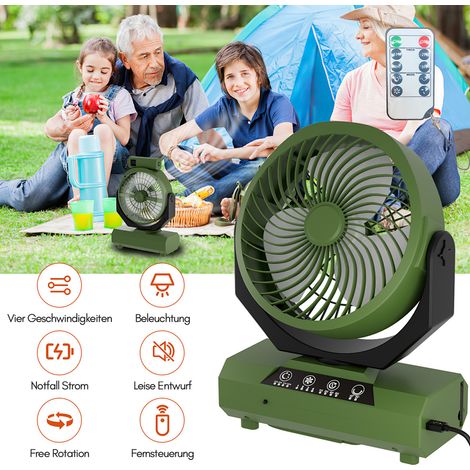 Wolketon Ventilatore da campeggio con LED, 4 velocità, 3 impostazioni di luminosità, batteria da 20000 mAh, per casa ufficio auto e attività all'aperto, verde
