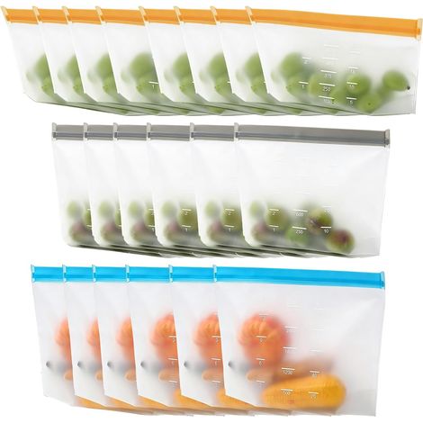 20 Pièces Sac Congelation Reutilisable Silicone Zip,Sans BPA,Lavable Grand Liquide Congeler Repas Fruits Sandwich LéGumes Viandes Puree Freezer Ziplock Bag (1/5)