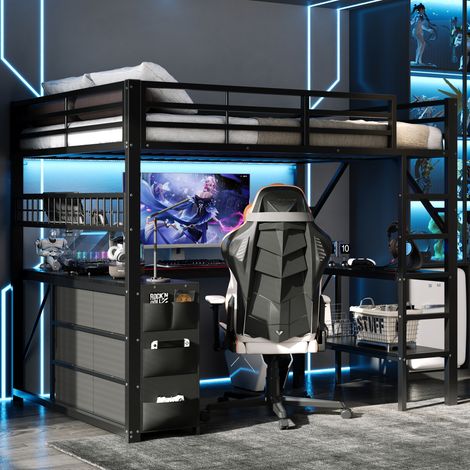 Cama alta gaming 140x200 cm de metal negro con escritorio para dormitorio FloraGrace (1/5)