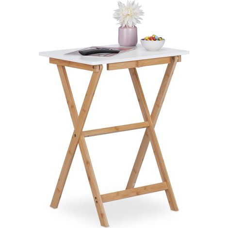 Relaxdays Klapptisch, Bambus, HxBxT: 63 x 47,5 x 37 cm, platzsparend, belastbar, klappbarer Beistelltisch, weiß-natur