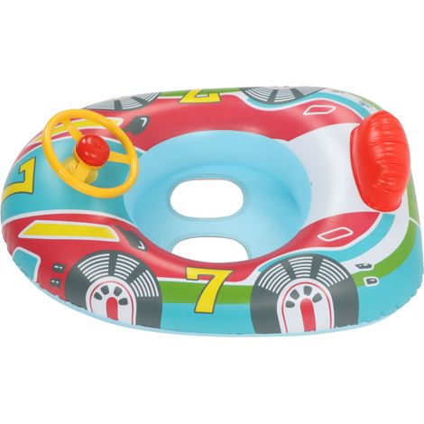 Bouée gonflable en forme de yacht avec volant, en PVC anti-fuite et ouvertures pour les jambes, idéale pour la natation des tout-petits en été (fond bleu). (1/5)
