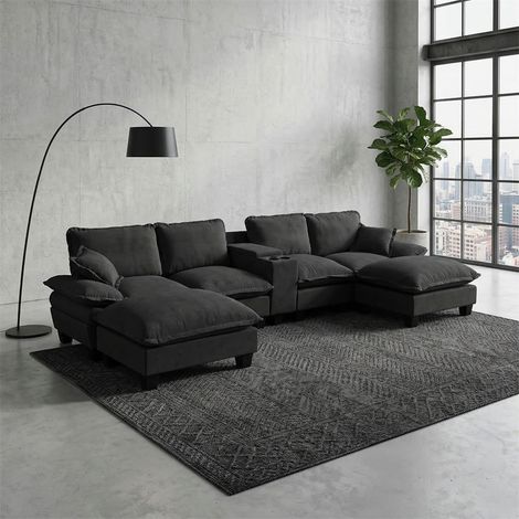 Canapé Panoramique en Chenille - 362x151x90cm - Modulaire en U avec USB, Porte-gobelets, Rangement et 2 Ottomanes - Noir (1/5)
