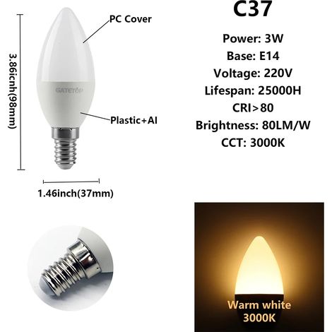 (C37 3W E14 3000K) Lot de 10 ampoules LED, adaptées à la décoration intérieure, au bureau et à la salle de bain. (1/4)