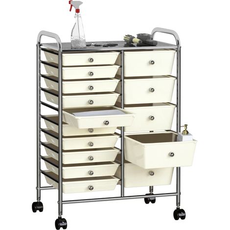 Chariot de rangement mobile à 15 tiroirs XXL Blanc Plastique CFW785853 (1/5)