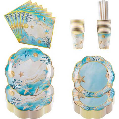 Ensemble de vaisselle de fête océan et plage pour 25 invités, comprend des assiettes en carton (17,8 et 22,9 cm), des tasses, des serviettes, des pailles, parfait pour les fêtes sur la plage (1/5)