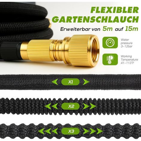 Tuyau Arrosage Extensible 15m/50ft, Tuyau d'Arrosage Flexible avec 8 Types De Jets, Tuyaux d'Arrosage Avec Raccords En Laiton Massif Et Noyau En Latex à 4 Compartiments, Tuyau d’Eau Réglable (1/4)