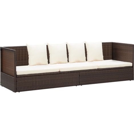 Vidaxl – Lit de jardin en résine tressée marron – Coussin épais blanc crème – 7 positions inclinables – Dimensions 200 x 60 x 58 cm