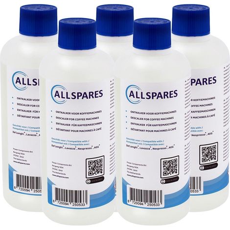 Decalcificante liquido AllSpares (5 x 500 ml) per macchine da caffè, compatibile con Delonghi Original EcoDecalk DLSC500