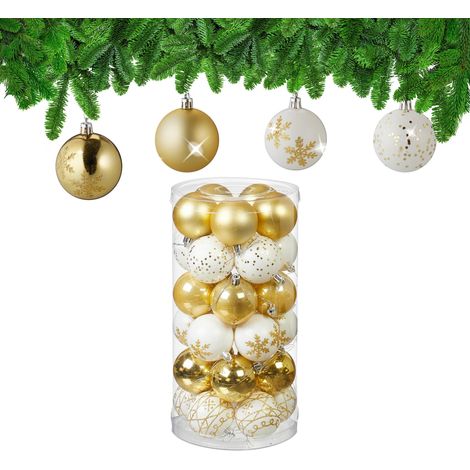 Boules de Noël, Lot de 30, en Plastique, D : 6 cm, Paillettes, Mates, Brillantes, déco Sapin, doré/Blanc (1/5)
