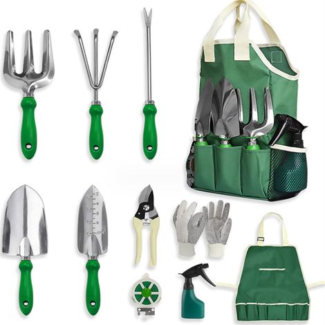 Gartenwerkzeug-Set für Kinder – vielseitig einsetzbar für die Gartenarbeit zu Hause, 11-teiliges Set aus Edelstahl mit grünem Griff, 32 x 20 x 10 cm (1/5)