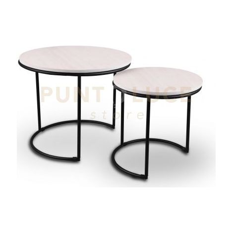 PAULA SET DI 2 TAVOLI ROTONDI STRUTTURA IN METALLO E BASE IN MDF D.35-43CM BIANCO E STRUTTURA NERA