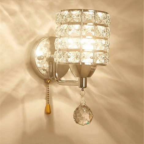 Applique murale moderne en cristal avec interrupteur à tirette, base en acier inoxydable, 1 tête, finition argentée (1/5)