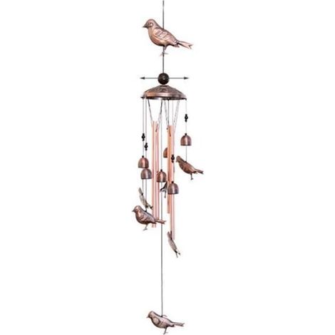 Forged iron wind chime in bird shape, aged copper finish, for garden or home decor.