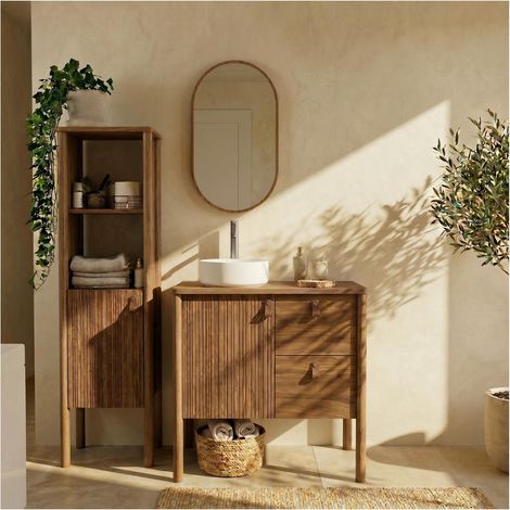 Ensemble meuble simple vasque 80cm en chêne avec vasque blanche, miroir, robinet et colonne