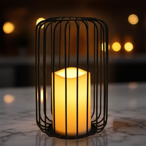 Metall Gitter Windlicht schwarz mit LED Kerze - 22 x 14 cm - Tisch Laterne warm weiß beleuchtet mit Timer