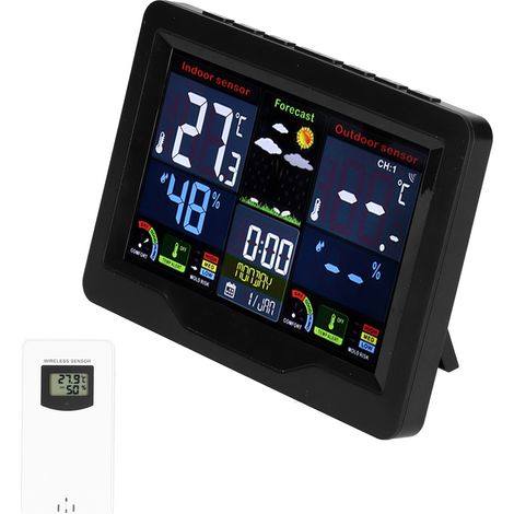 Drahtlose Wetteruhr mit Farbdisplay, Thermometer, Hygrometer, Kalender und Wettervorhersagestation (1/5)