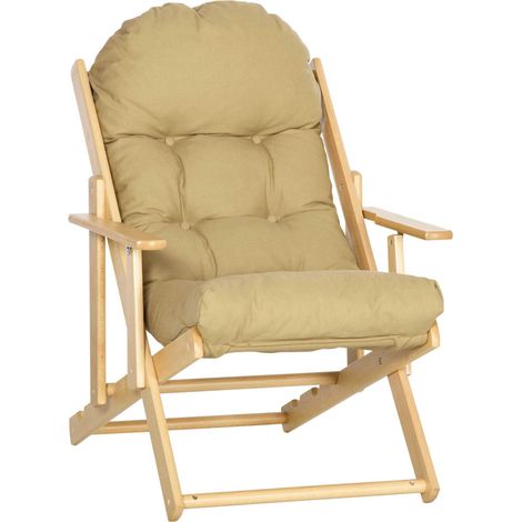 Fauteuil relax pliant en bois de hêtre avec revêtement effet lin marron 71x89x96 cm (1/5)